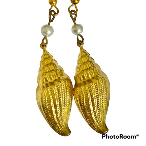 Vintage Conch Shell Pearl Earrings Gold Plated Dangle Sea Life Island Nautical - Picture 3 of 11